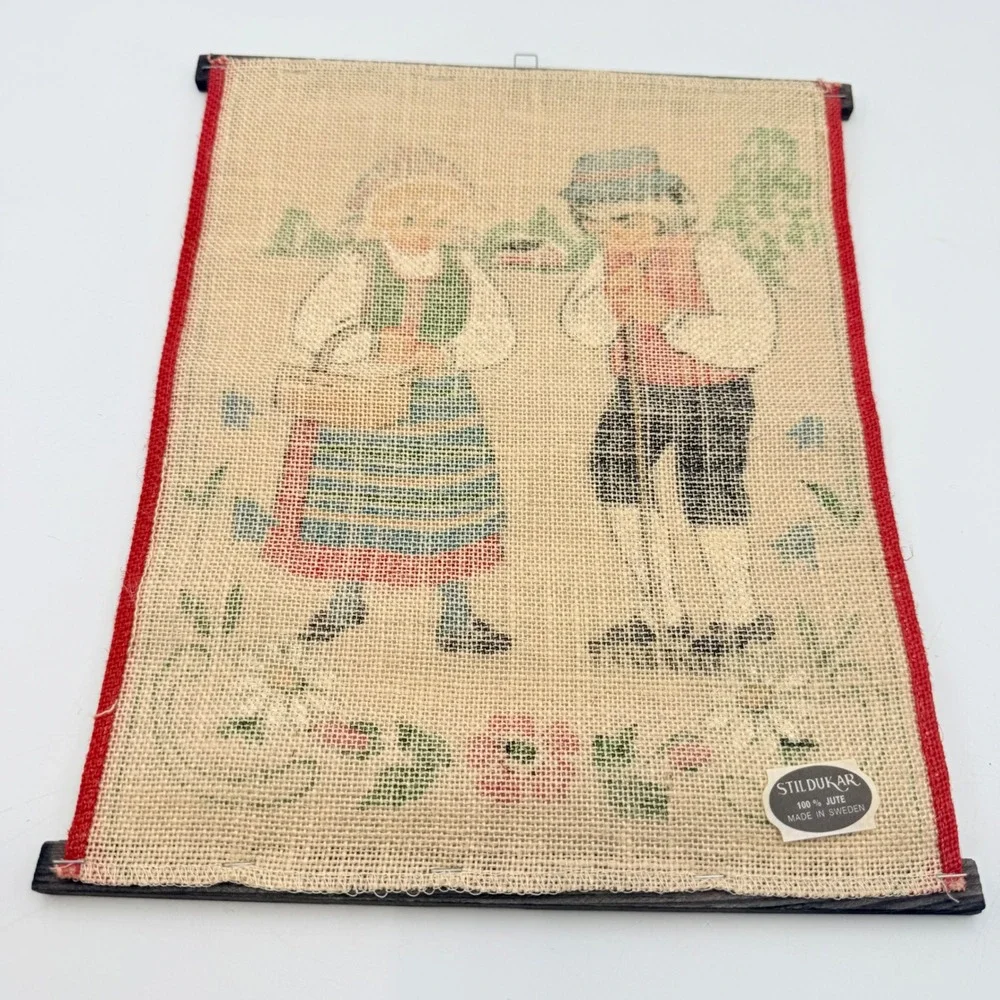 Vintage Stildukar Sweden Jute Wall Hanging Folk Art Boy Girl Traditional